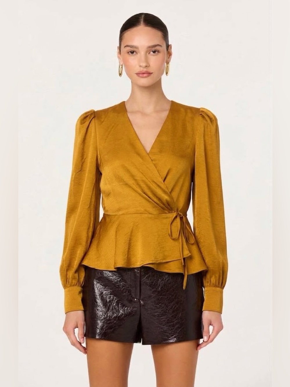 ASTR THE LABEL Women's Satin V-neck Long Sleeve Blouse - Mustard Yellow, Small